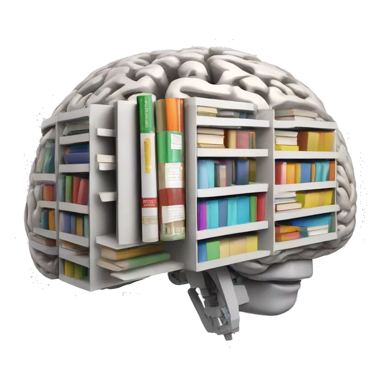 robotic brain with books floating inside the robotic brain