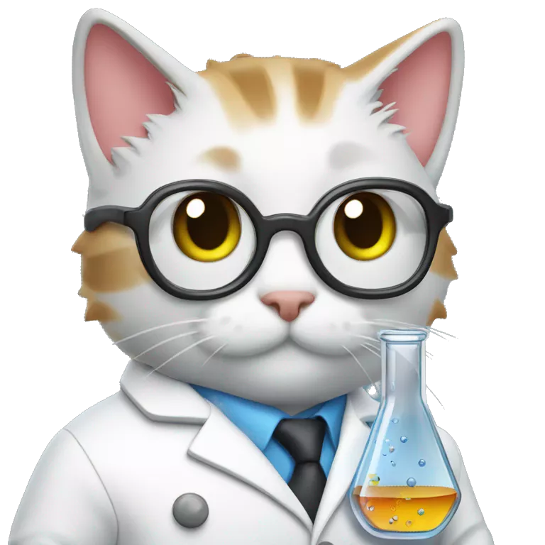 cat wearing chemistry lab coat goggles and has flask with chemicals
