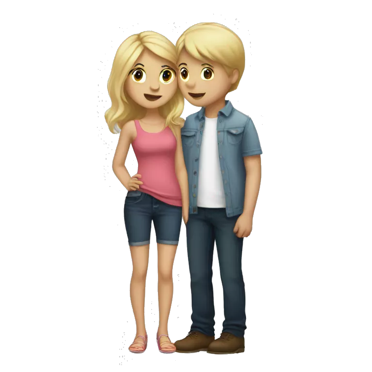 short girl with blonde hair kissing tall boy with blonde hair (names mila and will) with a heart