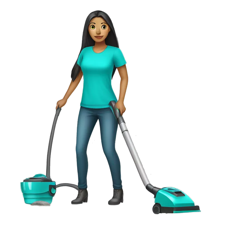 woman cleaner with light skin and long dark straight hair in turquoise color t-shirt. She working with vacuum cleaner