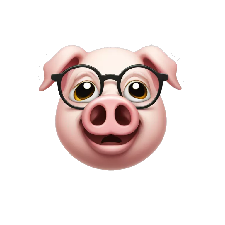an evil pig wearing round glasses, smirk, evil smile