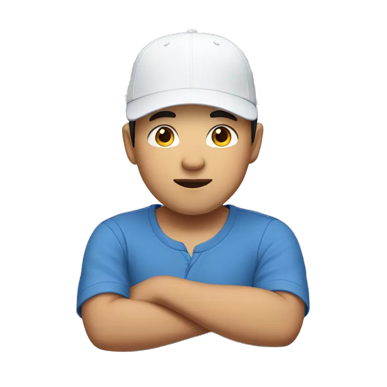 A handsome Asian boy wearing a blue short sleeve shirt and a white cap hat upside down
