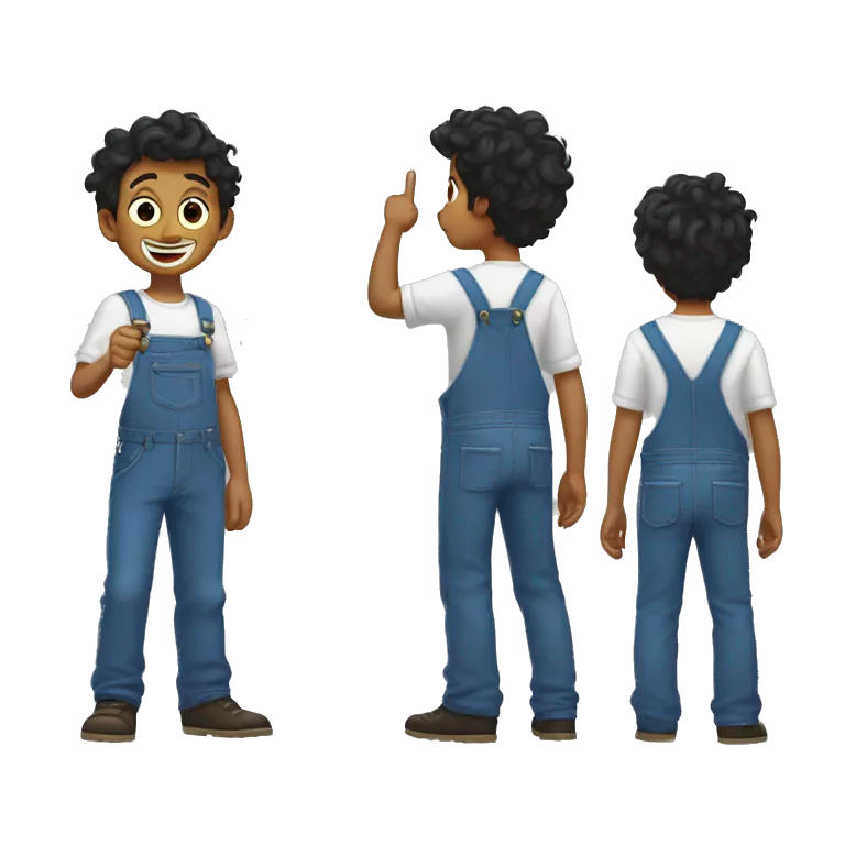 emoji of a boy from behind, pointing to the sky, white shirt and blue overalls, wavy dark brom hair, emoji style, pixar style, simple style, emoji.