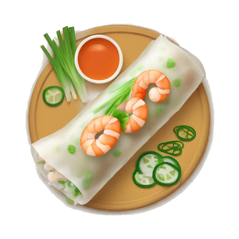 Vietnamese spring roll with a shrimp and green onion, flat icon