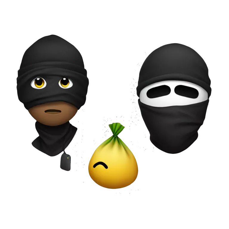 Robber Emoji with a black beanie, black eye mask with holes for his eyes, and a money bag emoji over his shoulder