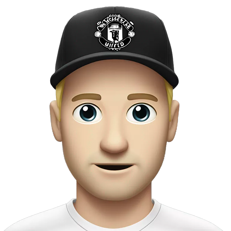 a white-skinned man without a mustache and beard in a Manchester United football club T-shirt, wearing a black hat without logos, two horns sticking out of his forehead