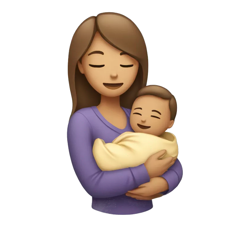 An emoji featuring a mother holding a baby close, with a heart symbol to convey love and care. The baby could be depicted as gently resting against the mother’s chest.