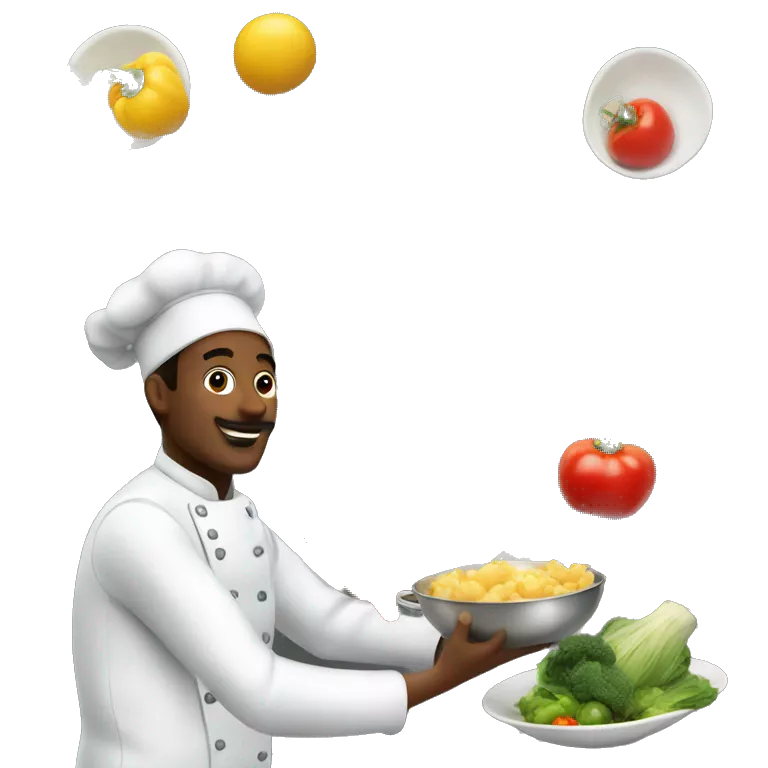 the cook is cooking, vegetables and fruits are flying above him and near him