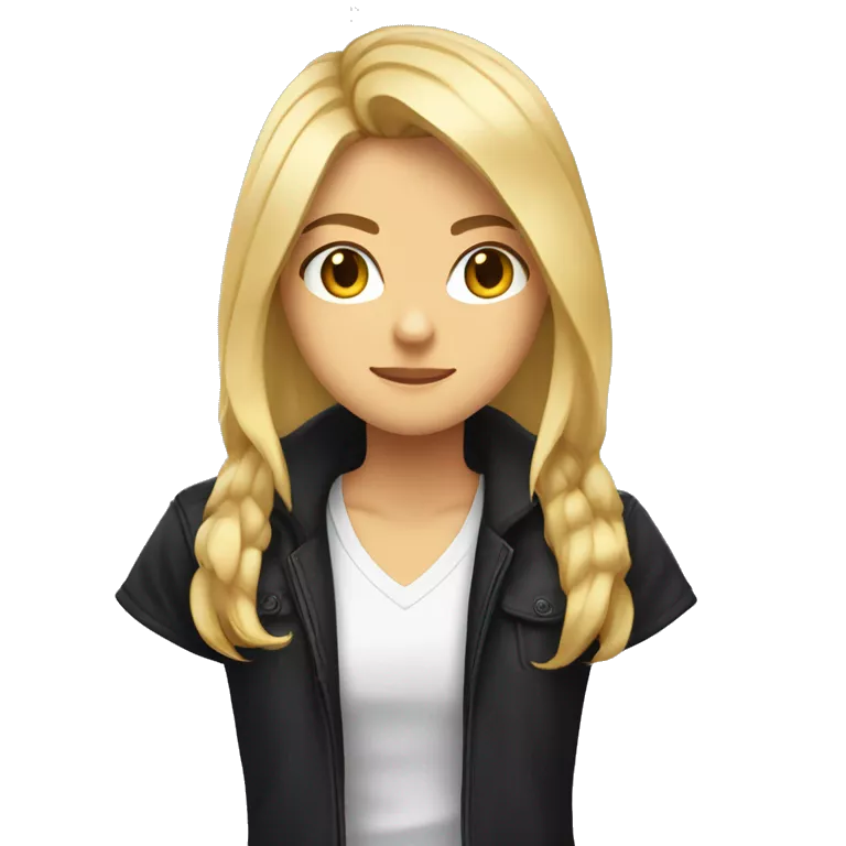 Create an anime-style emoji of a character with shoulder-length blonde hair, a confident expression, and a black jacket over a white t-shirt. Simplify the background and focus on the face and upper body, capturing an intense yet cool look.