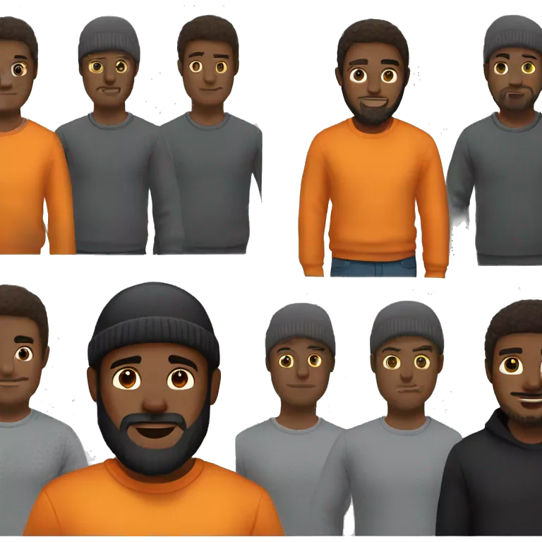 man wears an orange sweater and a black beanie, darkskin with beard, his sweater is orange, his beanie is black,