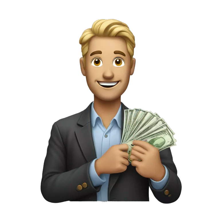 HEAD OF A MAN who looks happy, in his hand he holds money that he is wanting to offer for a sale purchase