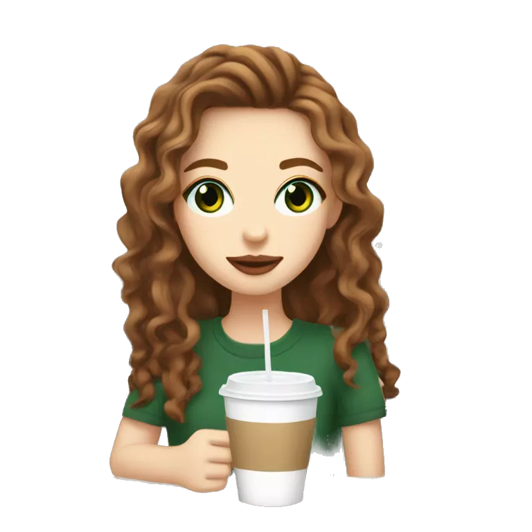aesthetic white girl with brown wavy hair and green eyes sipping an iced americano in a cute coffee shop