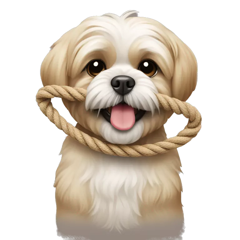 beige shi tzu dog happy with a play rope in his mouth