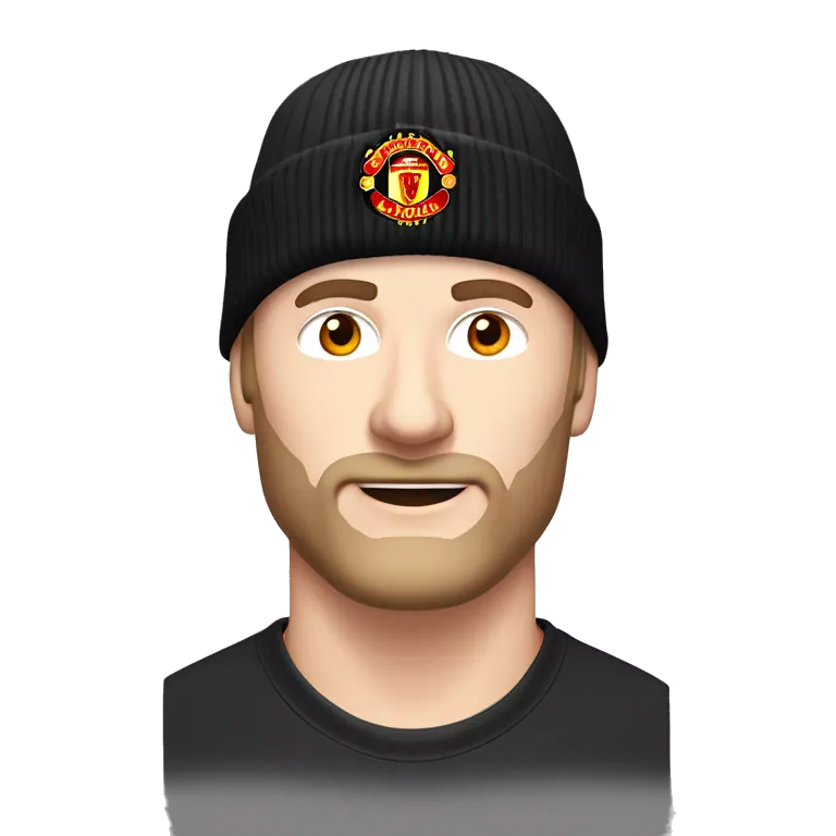 a white-skinned man without a mustache and beard in a red Manchester United football club T-shirt. He wears a black winter hat without logos on his head. Two horns protrude from his forehead