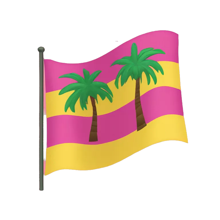 floptropica flag with a pink background and yellow stripes and there is a palm tree amblem in the middle of the flag