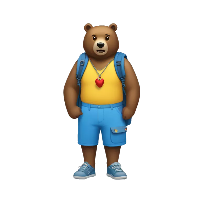 a brown bear wearing a blue backpack and yellow shorts and a sharktooth necklace, with a red bird emerging from his blue backpack.