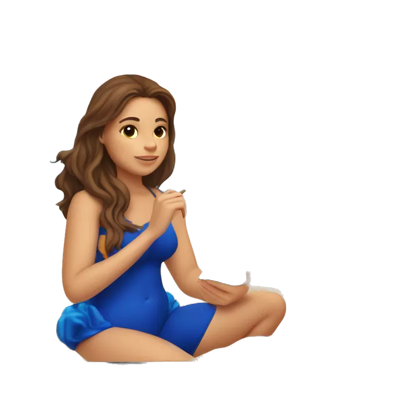 a girl with brown hair in a blue swimsuit sits on the sand by the sea and looks at the sunset in her hand holds a notebook in which the sea and sunset are drawn