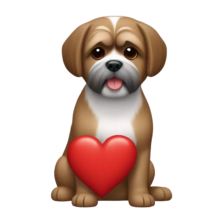 brown shi tzu dog with a red ikea heart next to him