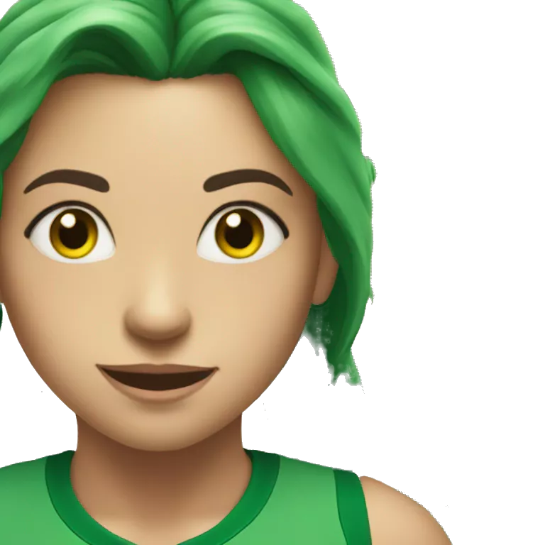 A woman in a green sports top with long green hair smiles broadly. Green eyes. Freckles