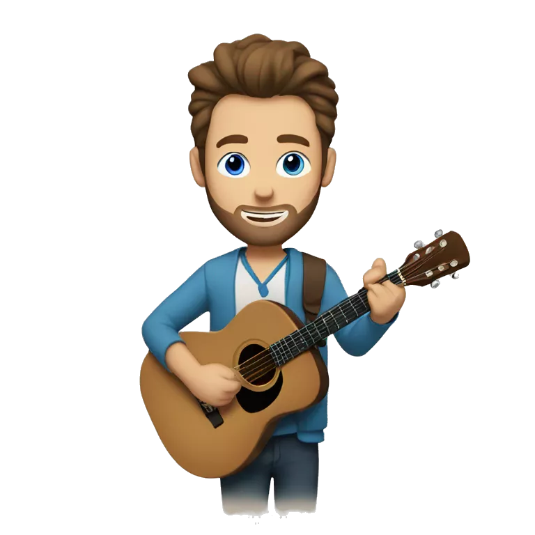 a white man with blue eyes man and brown hair an cardigan with a manbun playing guitar