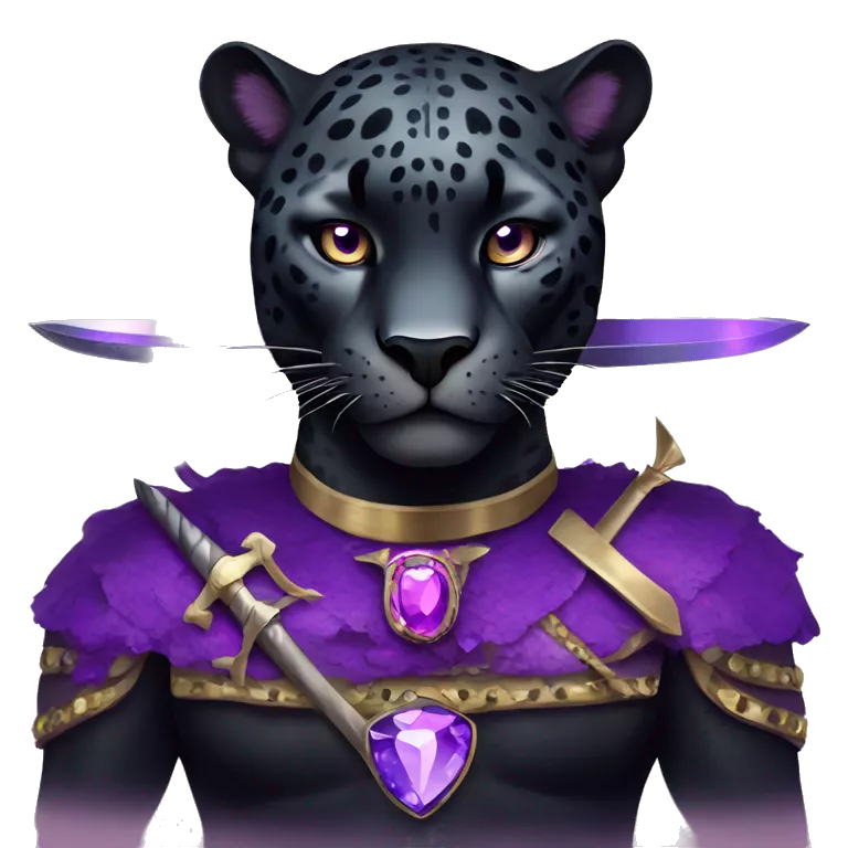 Adult black jaguar with purple butterfly with crossed swords and purple gemstones