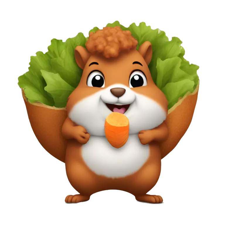 A fat squirrel with curly hair eating a sweet potato