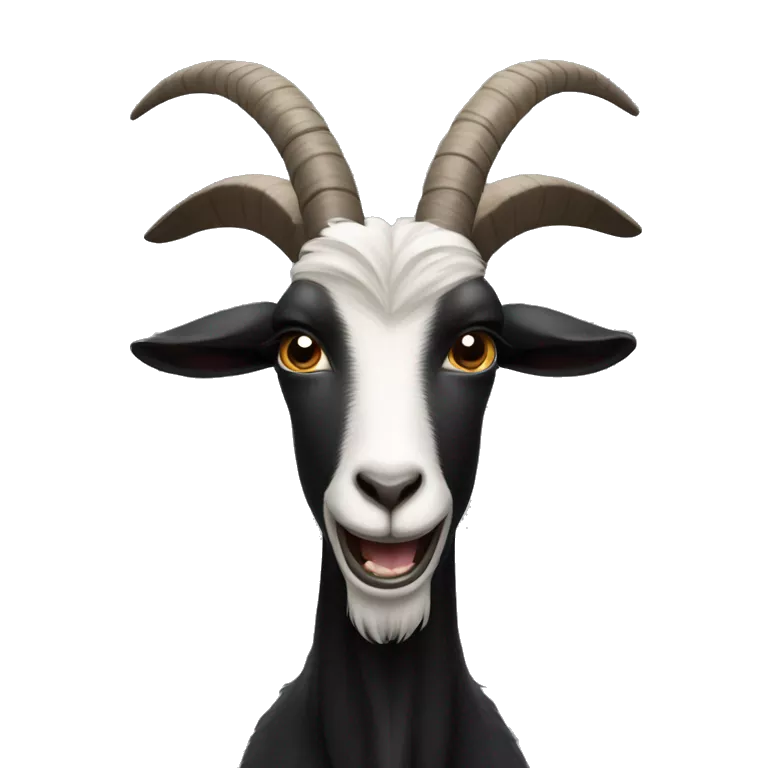 a black and dark goat with two front teeth showing, the black goat doesn’t have any white spots, completely black