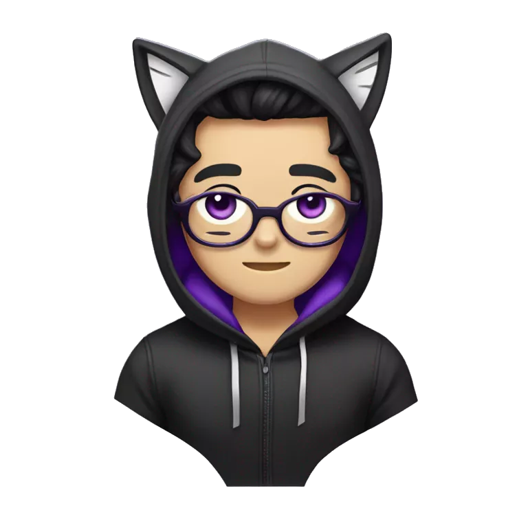 Male human upper body with cat whiskers and black/white hair divided in the middle, dressed in a black hoodie with cat ears and Lilia ear muffs and purple ribbons, eye color also purple.