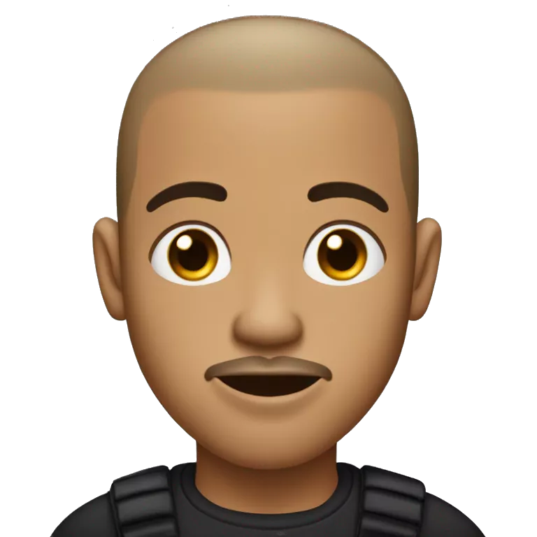 Light skin black man with buzz cut with black goatee beard covering his chin with a broad head and slim face with big lips and flared up nose and ears pointing outwards