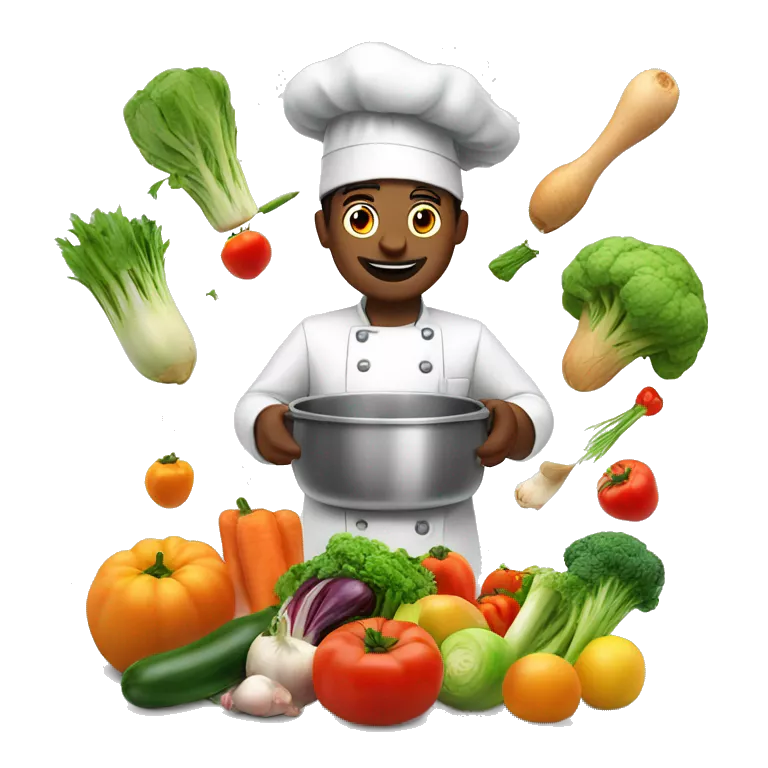 the cook is cooking, vegetables and fruits are flying above him and near him