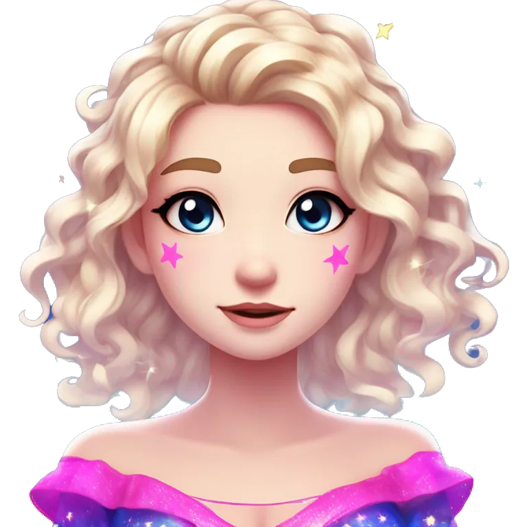 Hair: Light blonde with neon pink and violet highlights, long with curls, glowing star-shaped clips or a sparkling tiara. Eyes: Bright blue, large and expressive. Outfit: Off-shoulder top with neon accents and starry patterns. Anime style