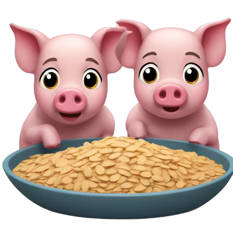 2 pigs, one eating oats, the other wants too but is not allowed