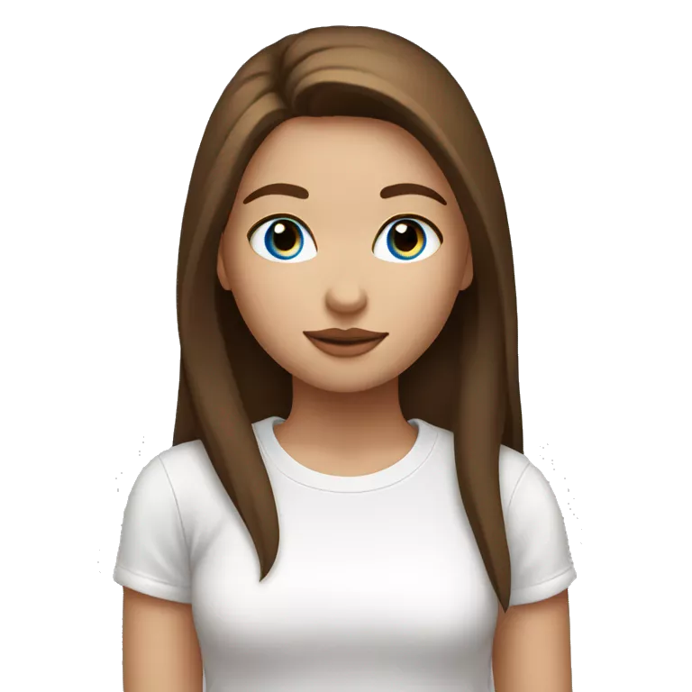 A girl with long straight brown hair and blue eyes and plump lips in a white T-shirt