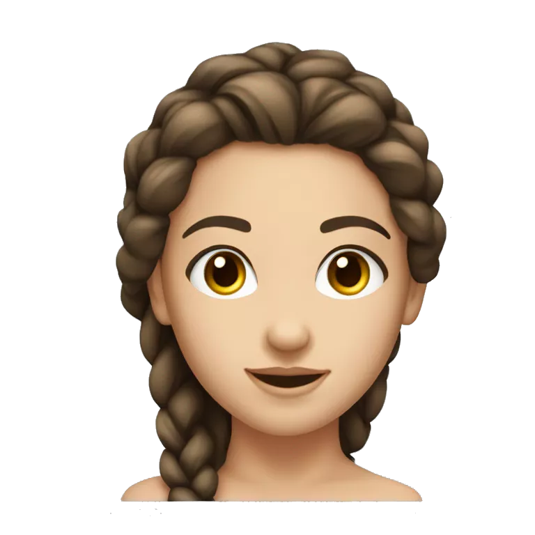 Bust of a beautiful girl. She has fair skin, a beautiful smile, a small nose, dark brown eyes and long eyelashes, she has dark hair that is braided in 2 spikelets