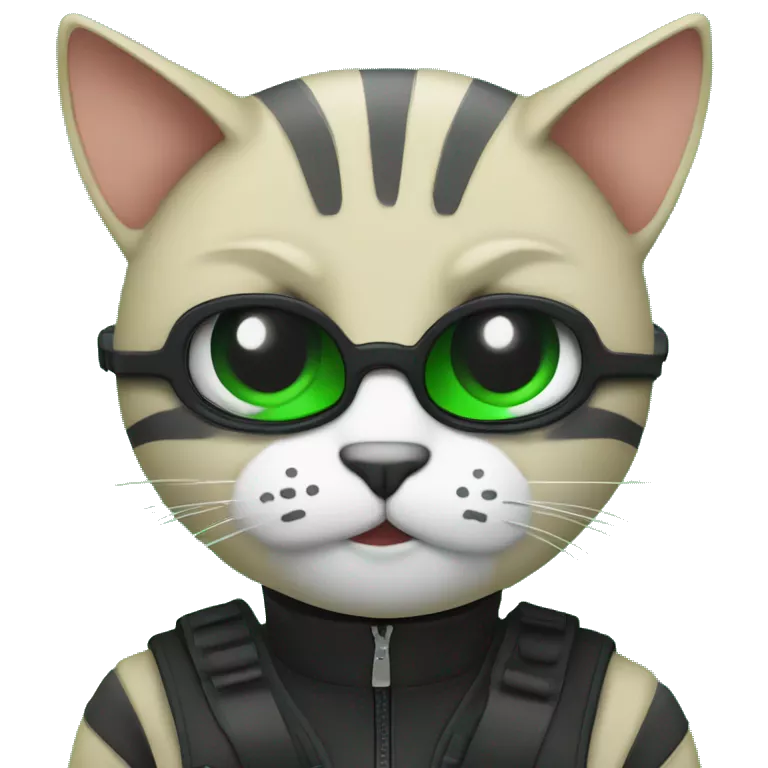 Generate a emoji of the face has a cat and the overview of this concept is hacker programming in a laptop that laptop has programming in green colour and screen in black colour and over all theme is in black colour