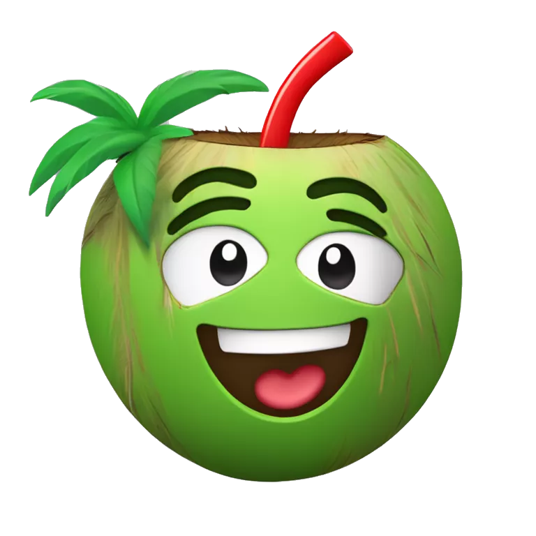 &quot;Create a fun emoji of a green coconut with a red straw on top. The coconut is wearing a yellow t-shirt and making a 'C' gesture with one hand and a 'thumbs up' with the other. The character should appear cheerful and inviting.&quot;