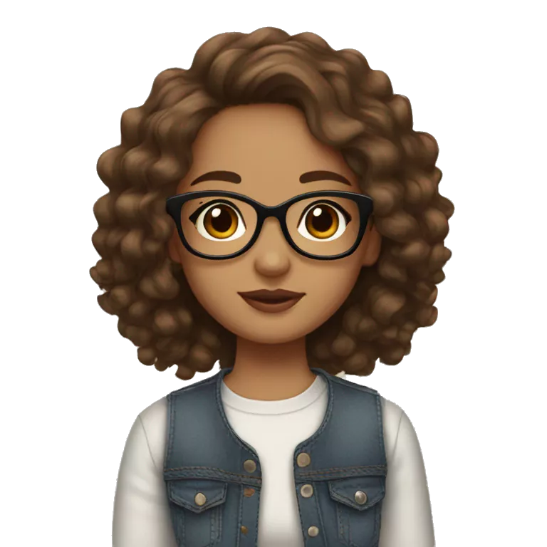 Girl with Brown wavy hair, Brown eyes, cute glasses, cute earrings, cute eye lashes, light skin