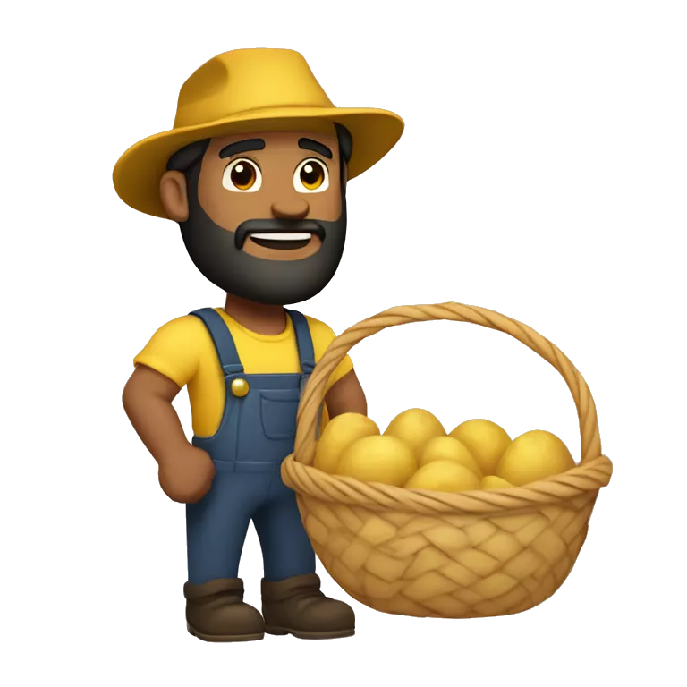 Slightly Brown skin handsome guy with black hair and beard wearing yellow farmer's hat and holding a basket full of potatoes