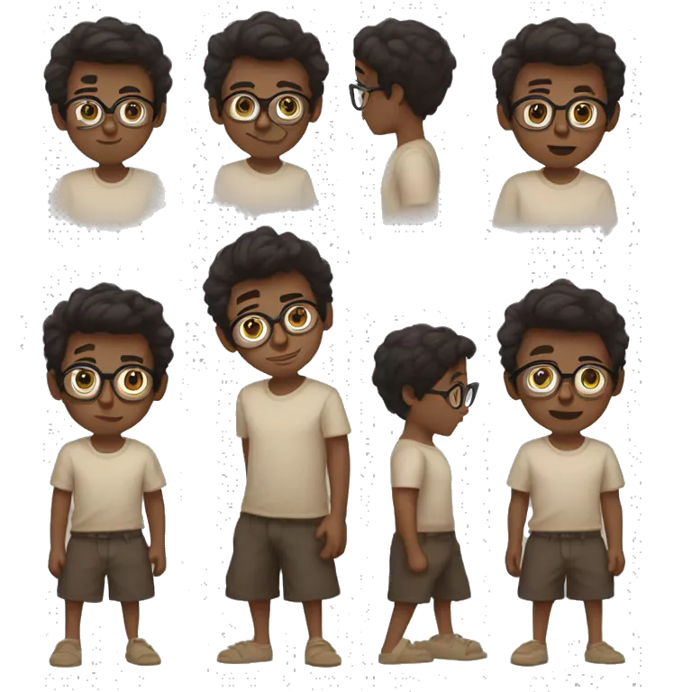 a boy with eye glasses medium dark brown hair a beige t shirt under and on top of it a black shirt with buttons, and some black shorts
