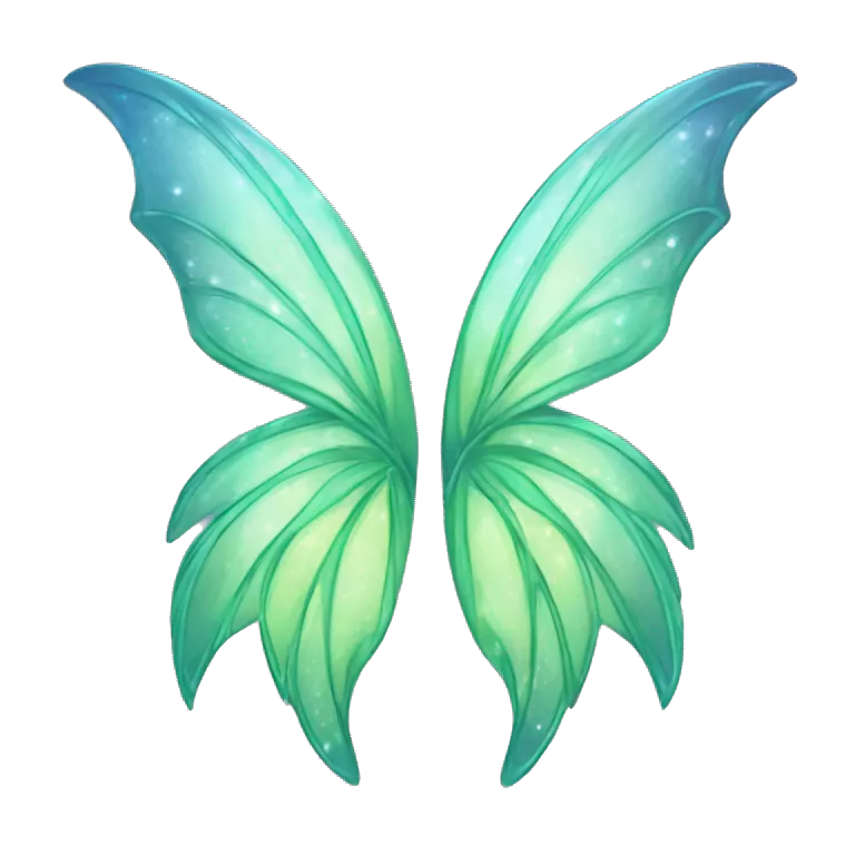 Create an emoji-style image of a pair of fairy wings. The wings should be primarily light green with subtle blue accents. They should have a shimmering, glittery effect to make them look magical and ethereal.