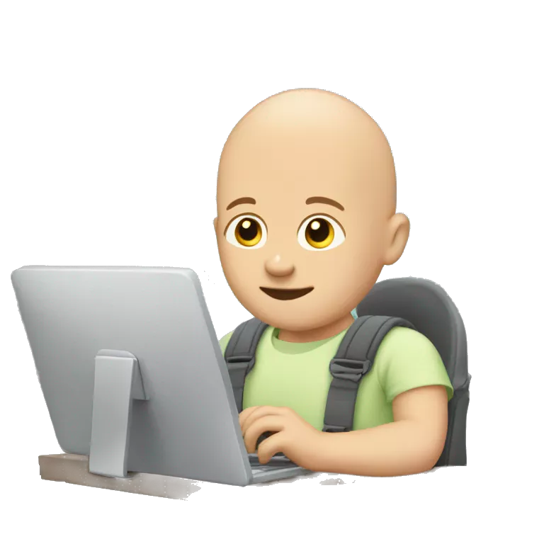 bald man wearing a baby in a baby carrier typing on computer