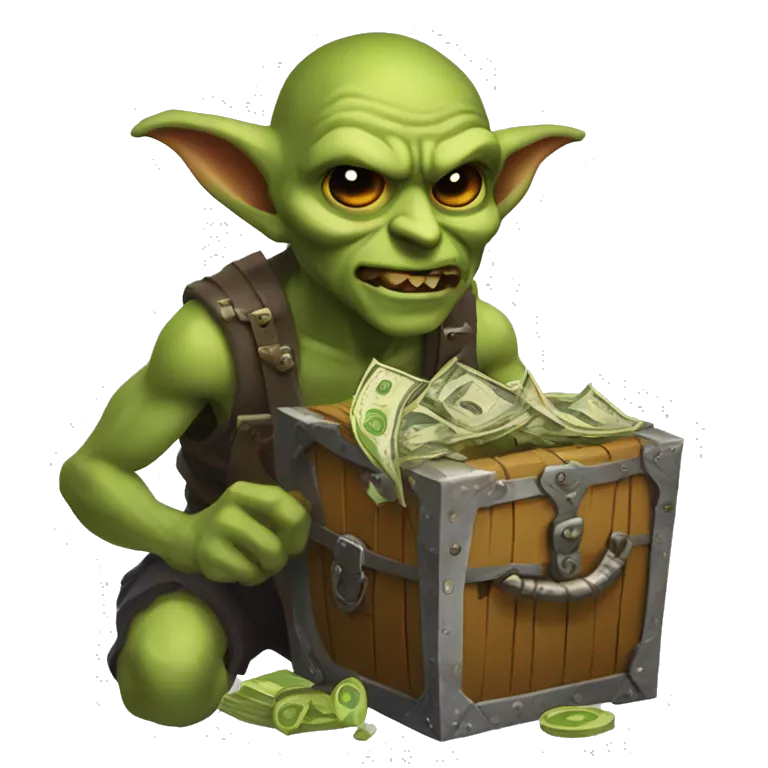 Loot goblin with dollar signs in eyes, with loot chest full of loot