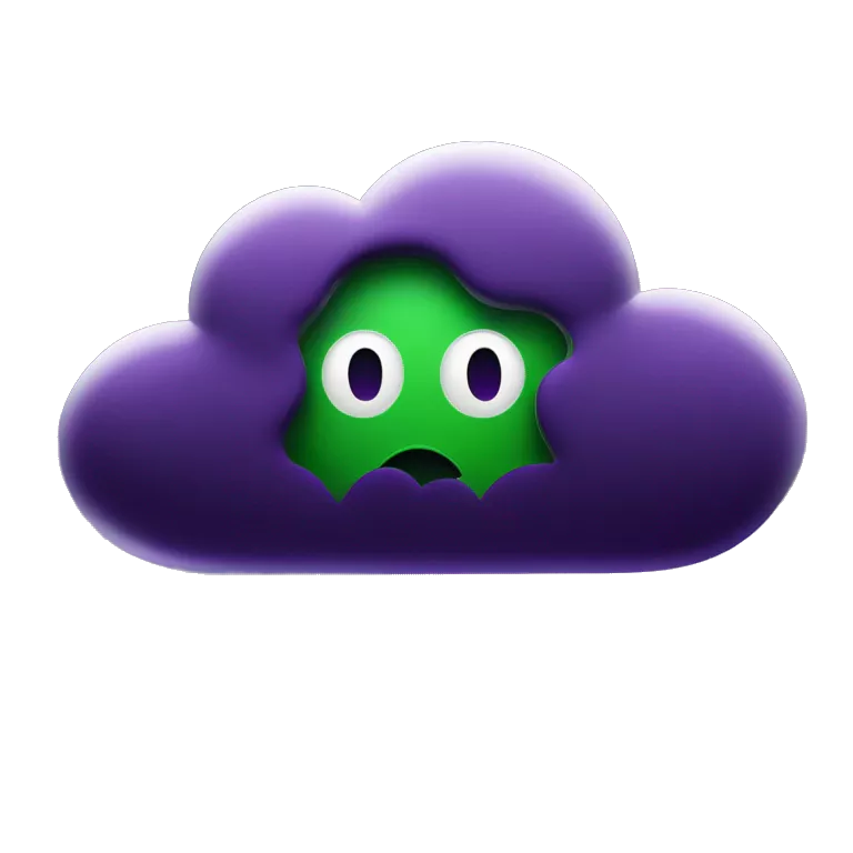 CISO that is worried about cyberattacks in purple/green branding.  A dark, ominous cloud looms over a building symbolizing Koos's organization. Digital numbers and codes float around the cloud, representing the threat of cyberattacks.