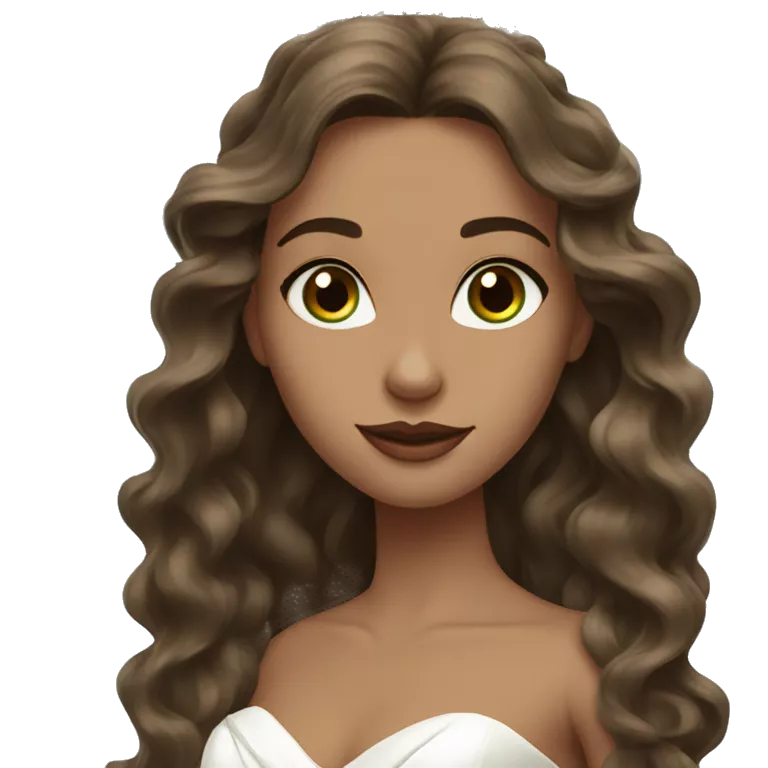 bride with brown long wavy hair, greenish-brown eyes an no veil