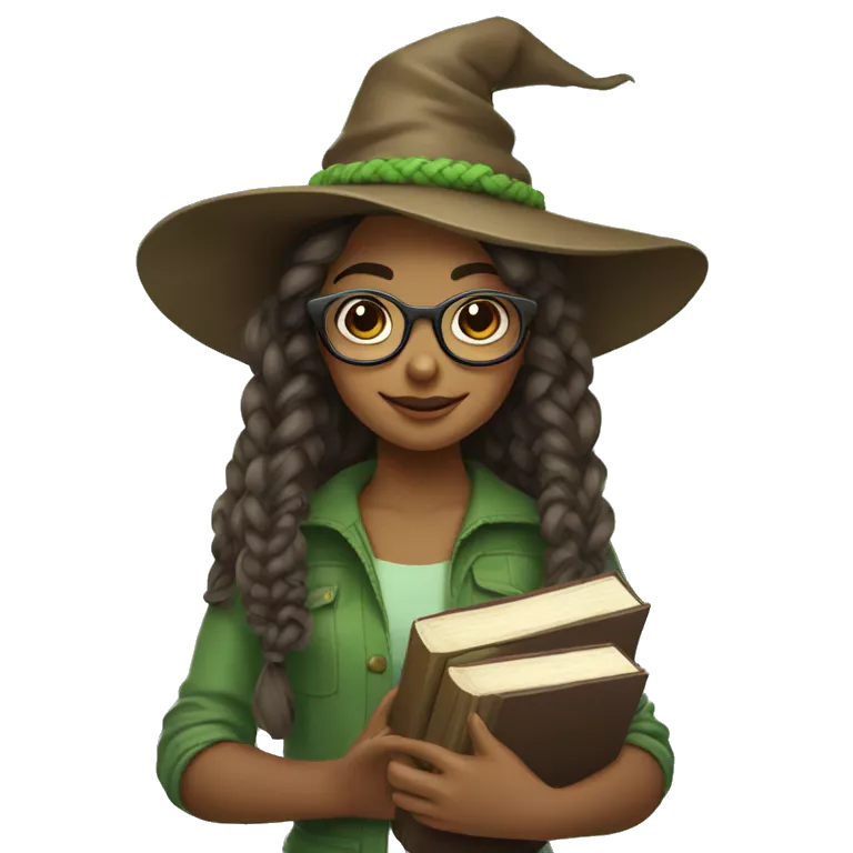 A girl with a braided hairstyle, wearing a brown witch's hat and round glasses. She is holding books in her hands. Her hair is in light green shades