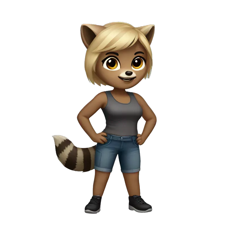 Female Raccoon with female physique and short dirty blonde colored hair