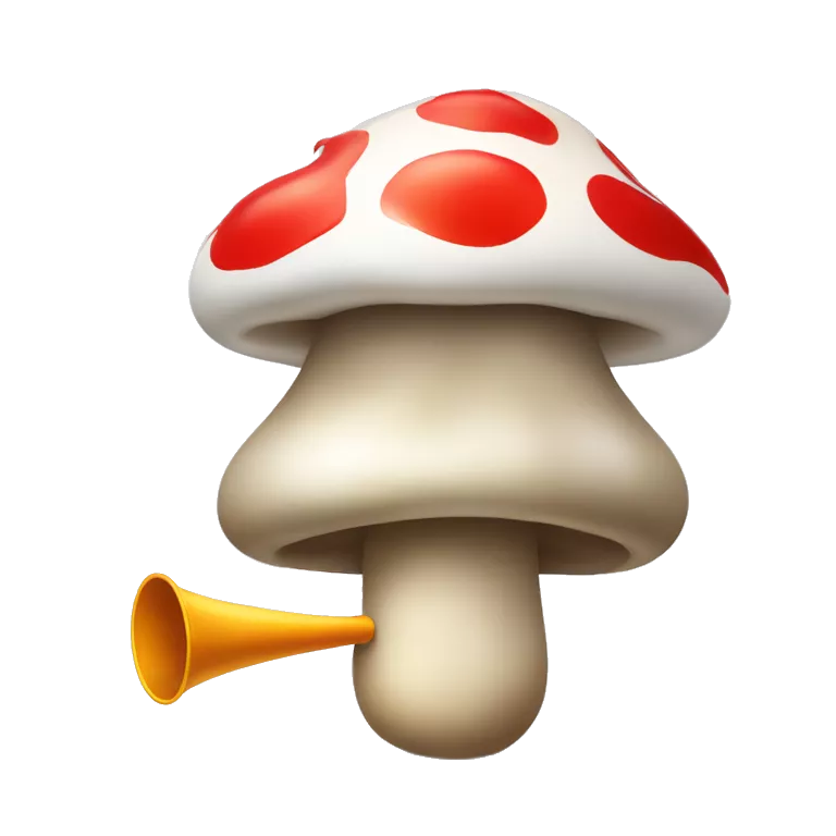 Small cartoon mushroom blowing a party blower. Showing only its mushroom like head.