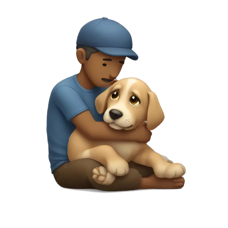 Puppy tightly hugs sitting man emotionly