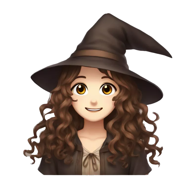 anime girl long brown wavy hair, brown eyes, witchy style, happy