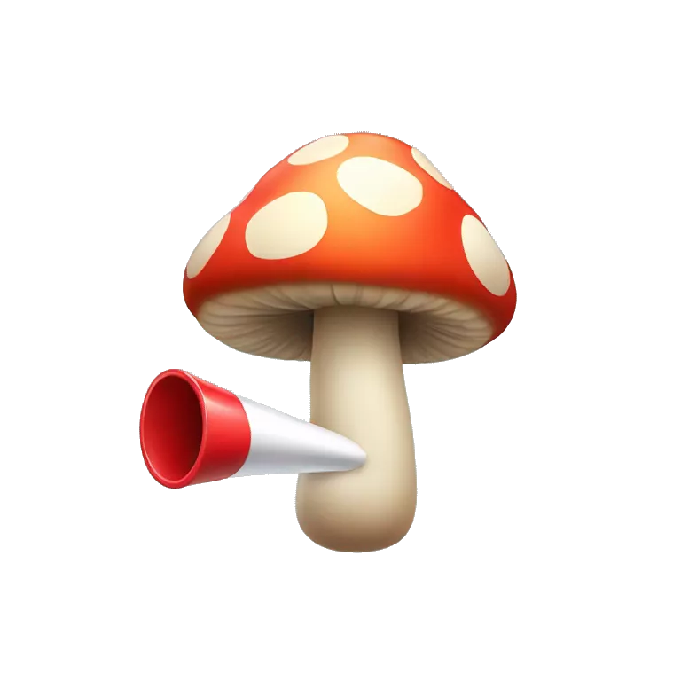 Small personified cartoon mushroom blowing a party blower. Showing only its mushroom like head.
